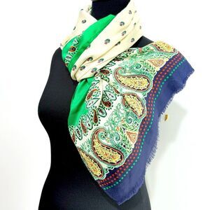 Talbots Cream Fleur Blue Green Paisley Edged Preppy Shawl Wrap Scarf